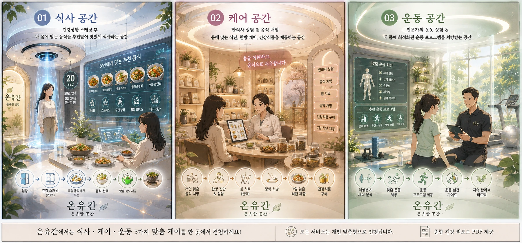 식사 공간, 케어 공간, 운동 공간의 세 구역