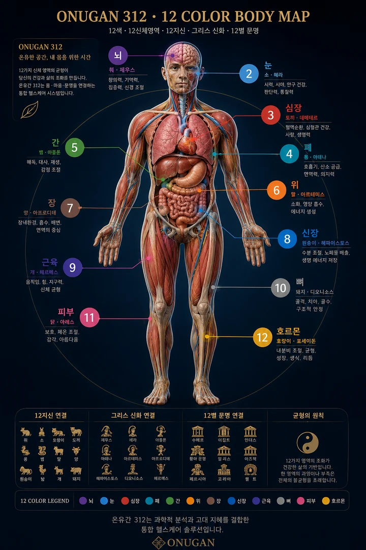 실제 인체 해부도와 12색 장기 체계를 연결한 온유간 312